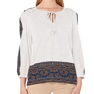 Lucky Brand Women's White/Black Three Quarter Sleeve Boho Place Print Top sz S